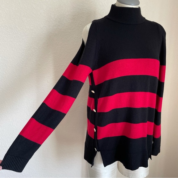 Chico's Cindy Hardware Detail Sweater Red Black Cold Shoulder Size Medium - Picture 7 of 14